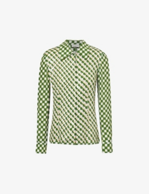 Shop Dries Van Noten Womens Green Sequin-embellished Checked Woven Shirt
