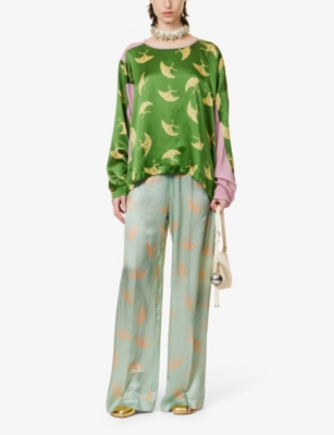 Shop Dries Van Noten Bird-print Relaxed-fit Silk-blend Top In Green