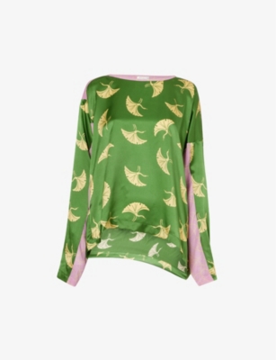 Shop Dries Van Noten Bird-print Relaxed-fit Silk-blend Top In Green