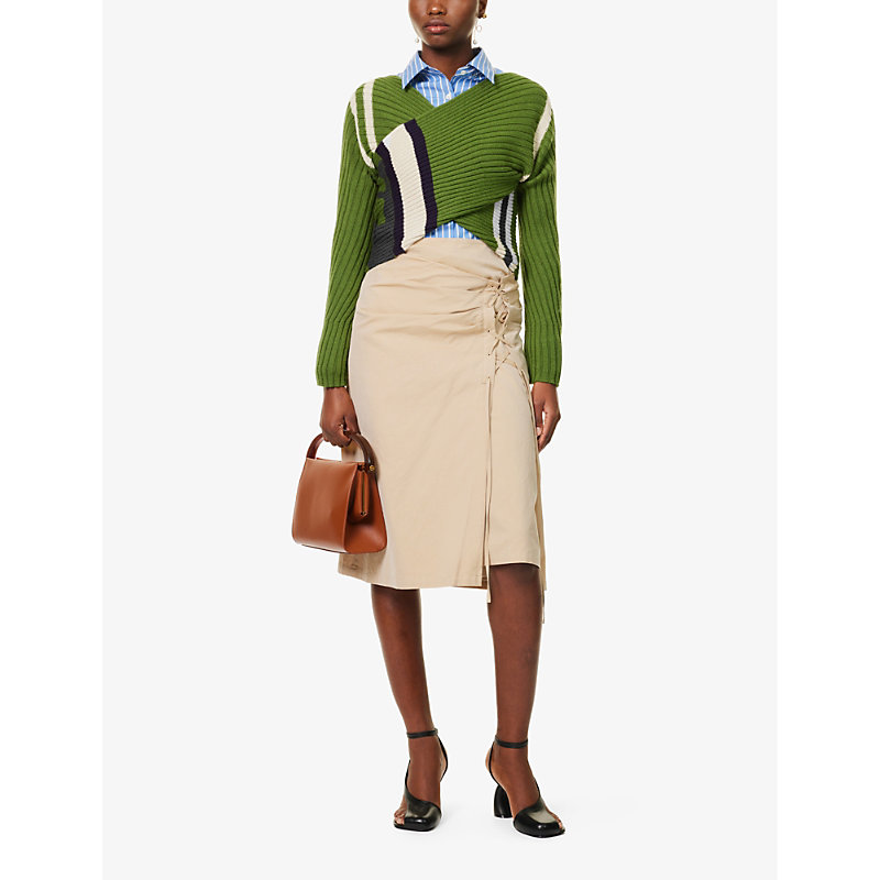Shop Dries Van Noten Womens Beige Laced-panel High-rise Cotton Midi Skirt