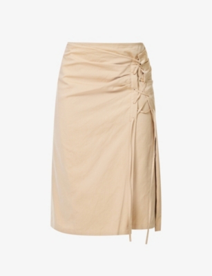 Shop Dries Van Noten Laced-panel High-rise Cotton Midi Skirt In Beige