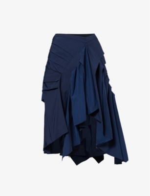 Shop Dries Van Noten Gathered Asymmetric-hem Woven Midi Skirt In Navy