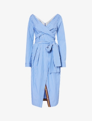 Shop Dries Van Noten V-neck Striped Cotton Midi Dress In Light Blue
