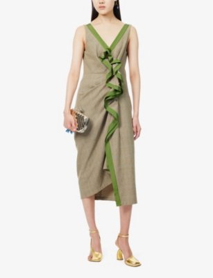 Shop Dries Van Noten Checked Gathered-front Woven Midi Dress In Dessin B