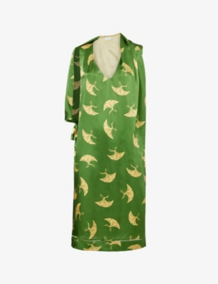 DRIES VAN NOTEN: Crane Bird-print V-neck relaxed-fit silk midi dress