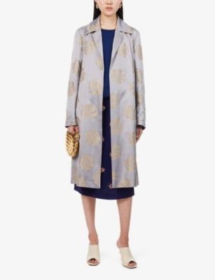 Shop Dries Van Noten Embroidered-pattern Notched-lapel Belted Woven Coat In Silver