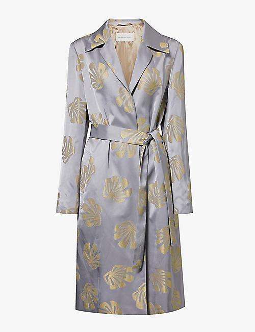 DRIES VAN NOTEN: Embroidered-pattern notched-lapel belted woven coat