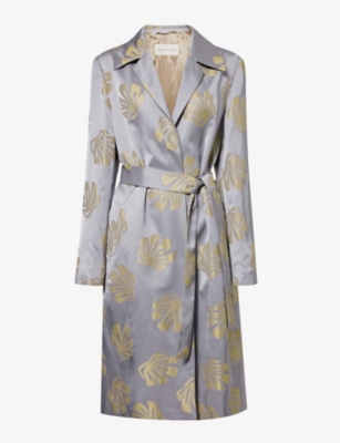 Shop Dries Van Noten Embroidered-pattern Notched-lapel Belted Woven Coat In Silver