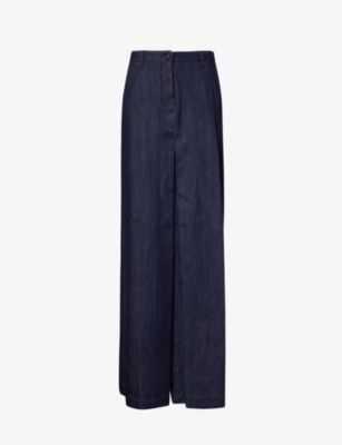 Shop Dries Van Noten High-rise Split-hem Denim Maxi Skirt In Indigo