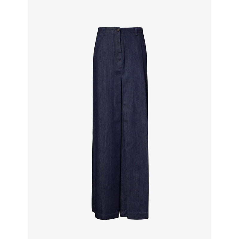 Shop Dries Van Noten High-rise Split-hem Denim Maxi Skirt In Indigo