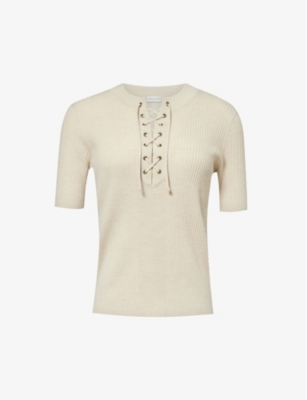 Shop Dries Van Noten Self-tie Short-sleeve Wool-blend Top In Off White