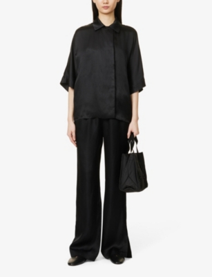 Shop Anine Bing Women's Black Aden Wide-leg High-rise Silk-blend Trousers