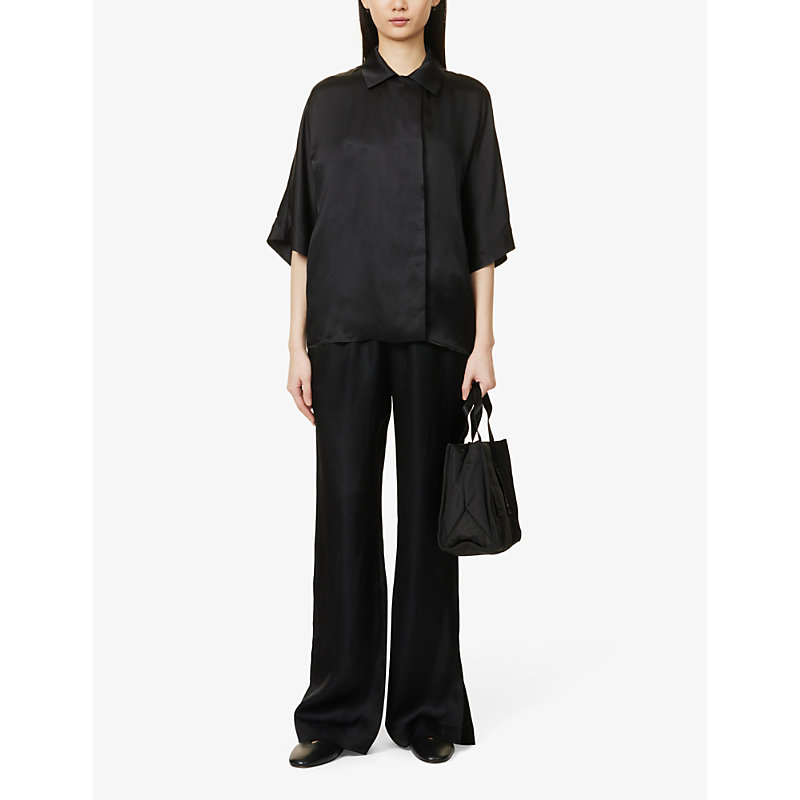 Shop Anine Bing Womens Black Aden Wide-leg High-rise Silk-blend Trousers
