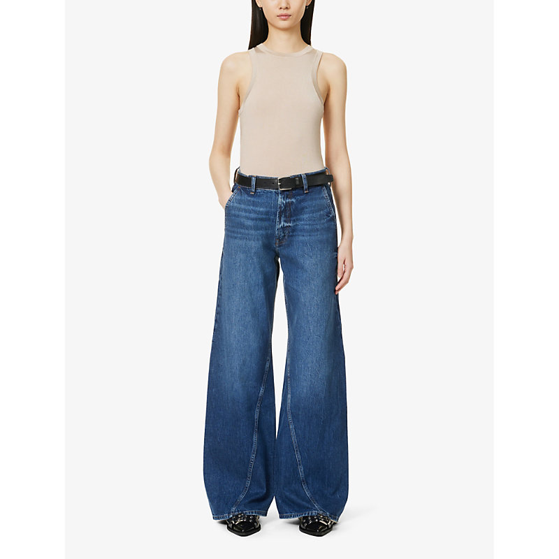 Shop Anine Bing Briley Brand-patch Wide-leg High-rise Jeans In Artic Blue
