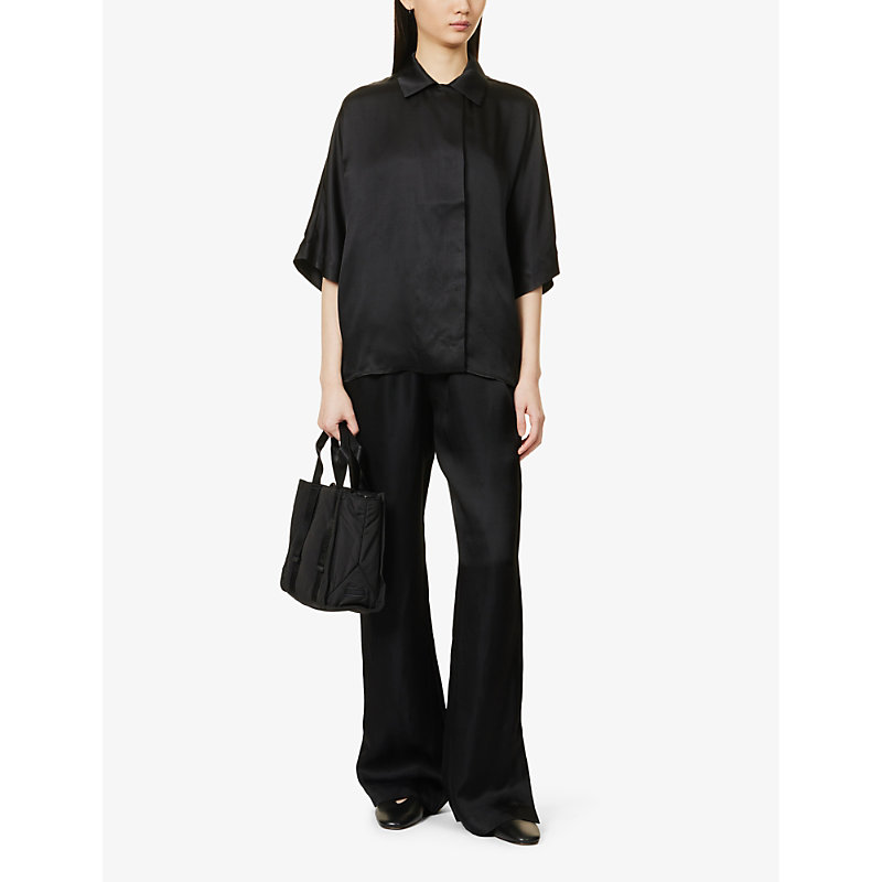 Shop Anine Bing Women's Black Julia Dropped-sleeve Silk-blend Shirt