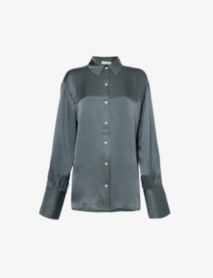 Anine Bing Monica Satin Silk Shirt In Dark Sage