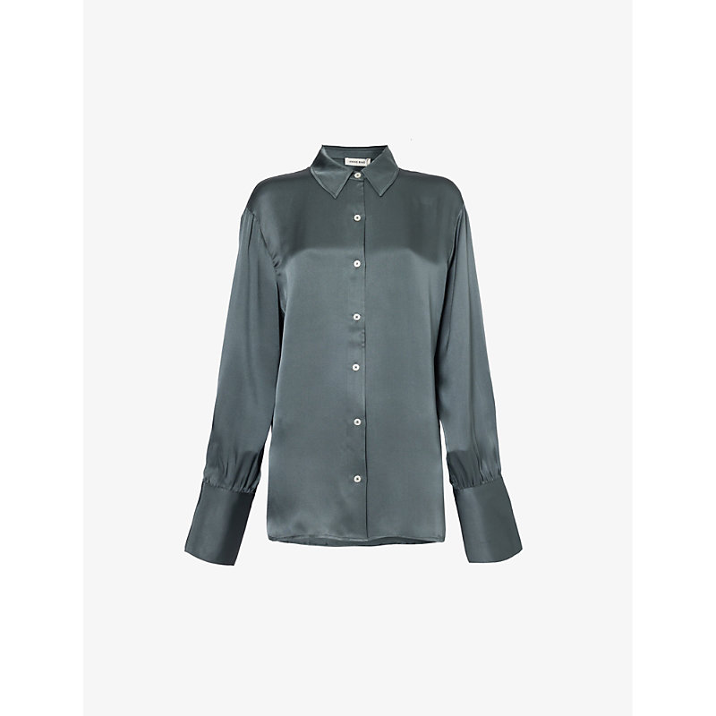 Shop Anine Bing Monica Elongated-cuff Silk Shirt In Dark Sage