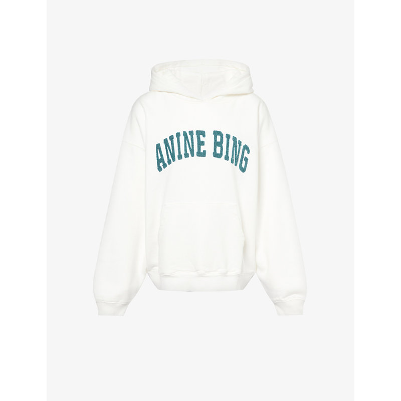 Shop Anine Bing Harvey Logo-print Cotton-jersey Hoody In Ivory