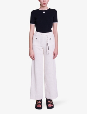 Shop Maje Womens Blanc Wide-leg High-rise Stretch Metallic-tweed Trousers