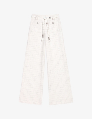 Maje Womens Blanc Wide-leg High-rise Stretch Metallic-tweed Trousers