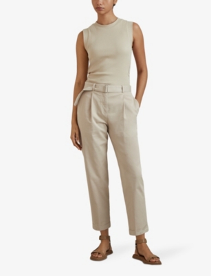 Shop Reiss Hutton Tapered-fit High-rise Stretch-cotton Trousers In Stone