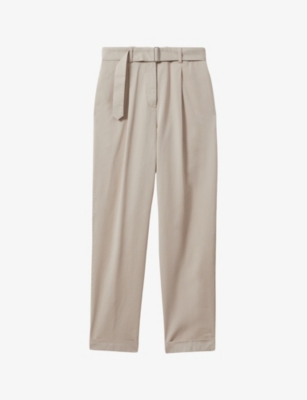 Shop Reiss Women's Stone Hutton Tapered-fit High-rise Stretch-cotton Trousers