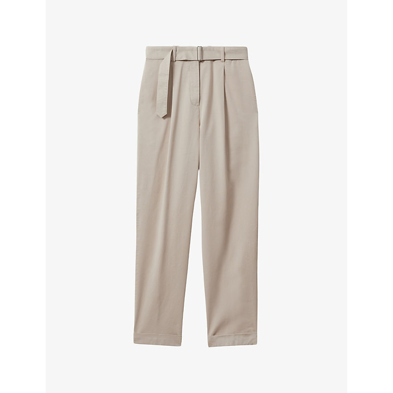 Reiss Womens Stone Hutton Tapered-fit High-rise Stretch-cotton Trousers
