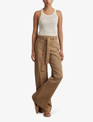 Shop Reiss Women's Camel Malia Self-tie Wide-leg High-rise Stretch-cotton Cargo Trousers