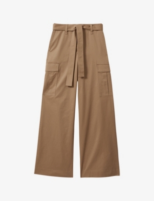 Reiss Malia Self-tie Wide-leg High-rise Stretch-cotton Cargo Trousers In Camel