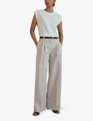 Shop Reiss Women's Grey Astrid Wide-leg High-rise Stretch-cotton Trousers