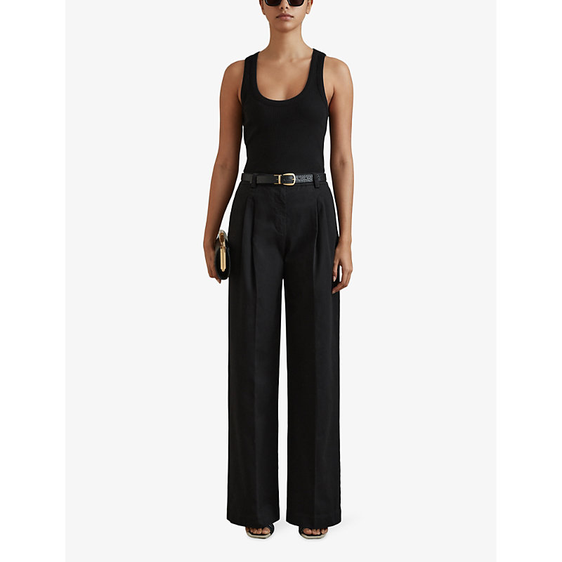 Shop Reiss Astrid Wide-leg High-rise Stretch-cotton Trousers In Washed Black