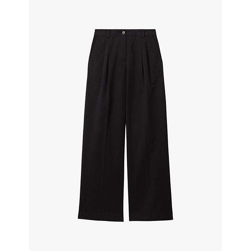 Reiss Womens Washed Black Astrid Wide-leg High-rise Stretch-cotton Trousers