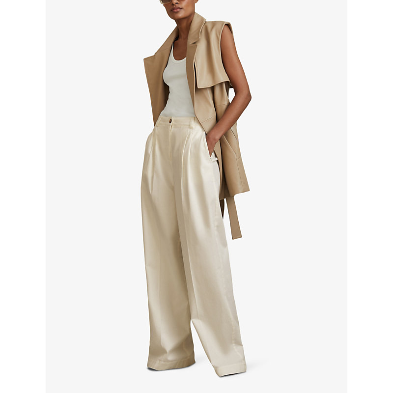Shop Reiss Women's White Astrid Wide-leg High-rise Stretch-cotton Trousers
