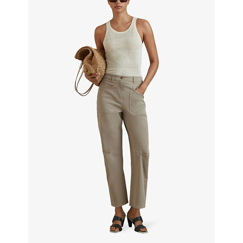 Shop Reiss Women's Olive Nova Barrel-leg Stretch-cotton Trousers