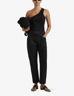 Shop Reiss Women's Washed Black Nova Barrel-leg Stretch-cotton Trousers