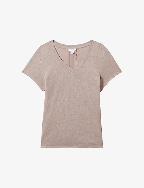 REISS: Lottie V-neck short-sleeve linen T-shirt