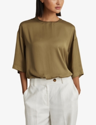 Shop Reiss Anya Round-neck Relaxed-fit Satin Blouse In Khaki