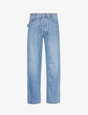 Shop Bottega Veneta Mens Mid Blue Contrast-stitch Faded-wash Wide-leg Jeans