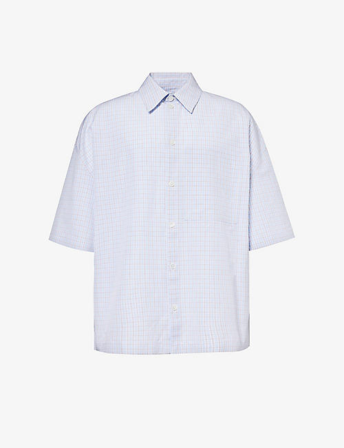 BOTTEGA VENETA: Check-pattern logo-embroidered cotton and linen-blend shirt