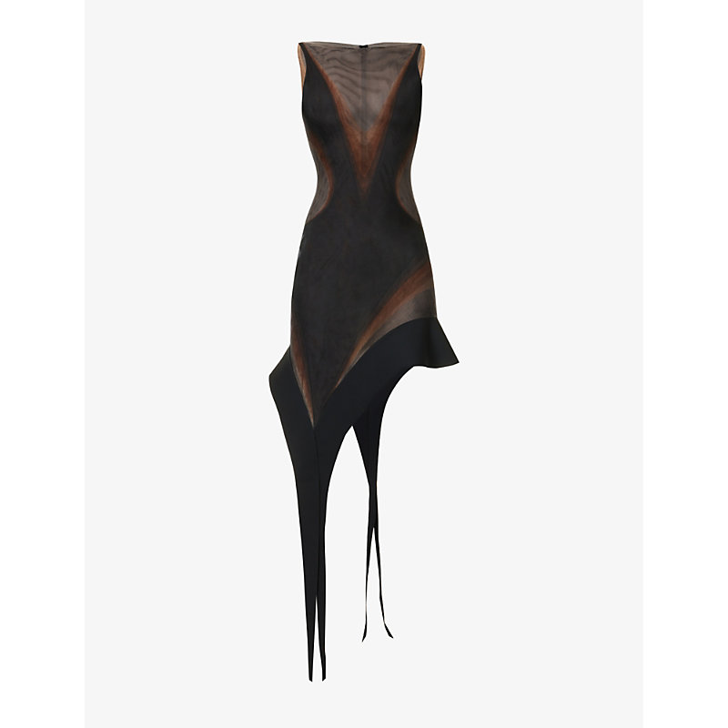 Mugler Womens Black Contrast-panel Asymmetric-hem Stretch-woven Mini Dress