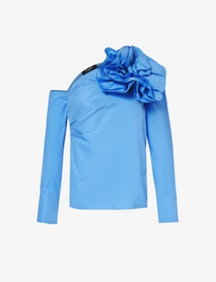 Shop Balmain Women's Bleu Ciel Floral-embellished Padded-shoulder Cotton-poplin Blouse