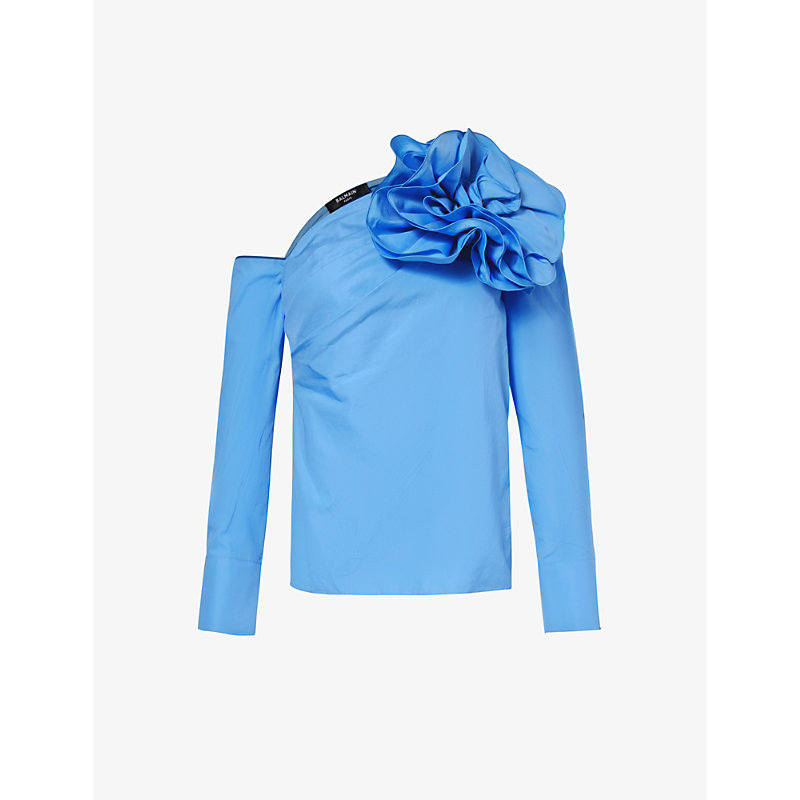 Shop Balmain Women's Bleu Ciel Floral-embellished Padded-shoulder Cotton-poplin Blouse