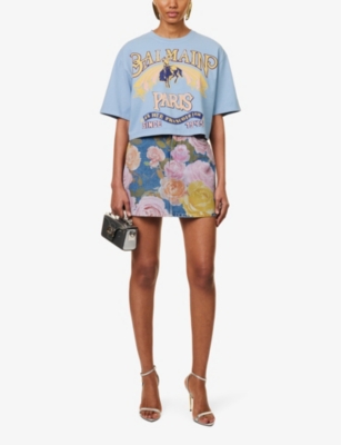 Shop Balmain Womens Bleu Jean Floral-print High-rise Denim Mini Skirt