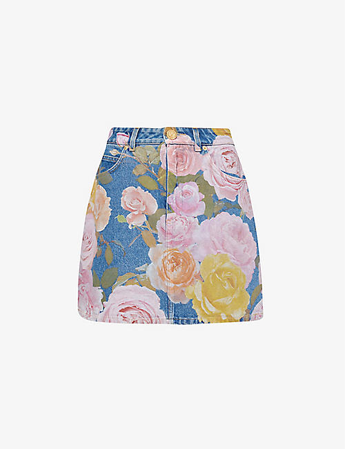 BALMAIN: Floral-print high-rise denim mini skirt