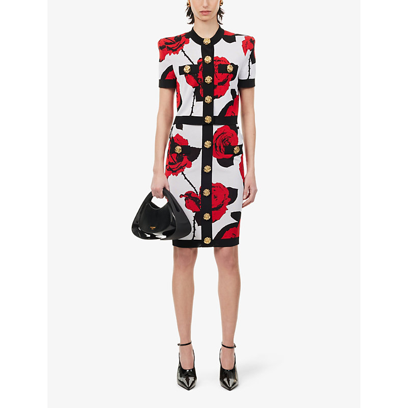 Shop Balmain Women's Blanc Noir Rouge Button-embellished Rose-pattern Knitted Midi Skirt