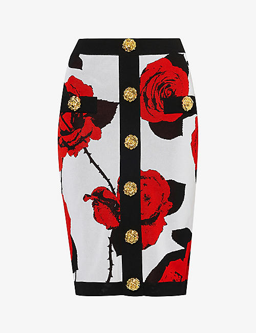 BALMAIN: Button-embellished rose-pattern knitted midi skirt