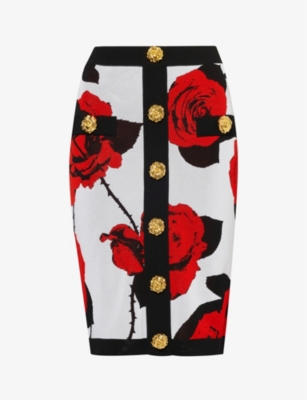 Balmain Rose Print Knit Pencil Skirt With Button Detail In Blanc Noir Rouge