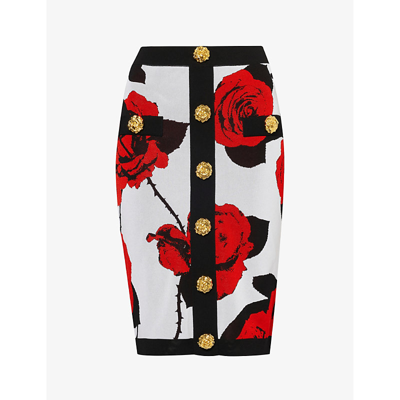 Shop Balmain Button-embellished Rose-pattern Knitted Midi Skirt In Blanc Noir Rouge