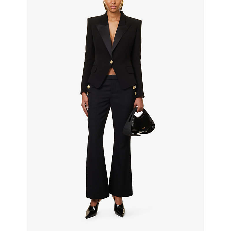 Shop Balmain Womens Noir Button-embellished Flared-leg Mid-rise Wool-twill Trousers