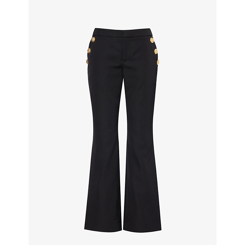 Balmain Womens Noir Button-embellished Flared-leg Mid-rise Wool-twill Trousers